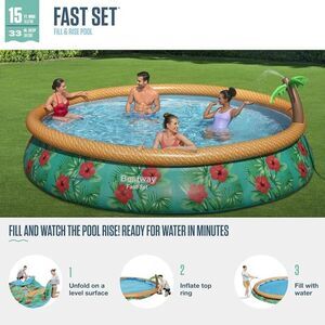 Bestway Fast Set Paradise Palms 15' x 33" Swimming Pool w/ Sprinkler & Pump, NEW